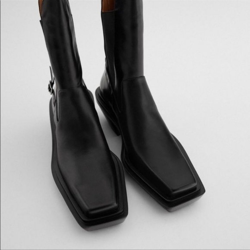 NWOT ZARA LEATHER SQUARE TOE  BOOTS Size  US7.5 EU38 - Picture 4 of 10